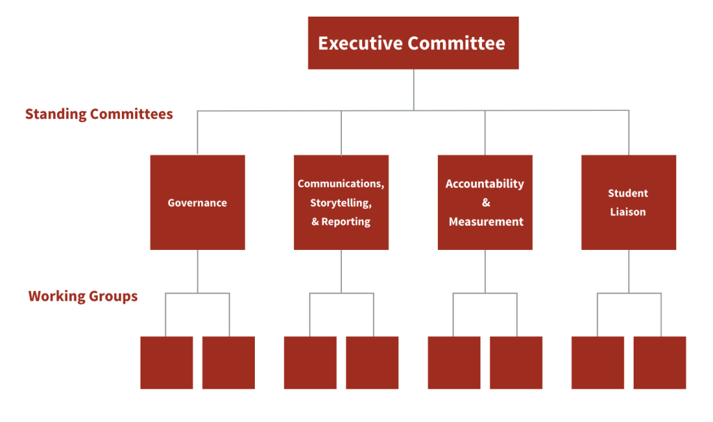 A organizational chart showing the executive committee at the top. Under the executive committee, the three standing committees branch out: Governance; Communications, Storytelling, and Reporting; Accountability and Measurement; and Student Liaison. Under each Standing Committee, there are branches for Working Groups. These are place holder as there are no active Working Groups at the moment.
